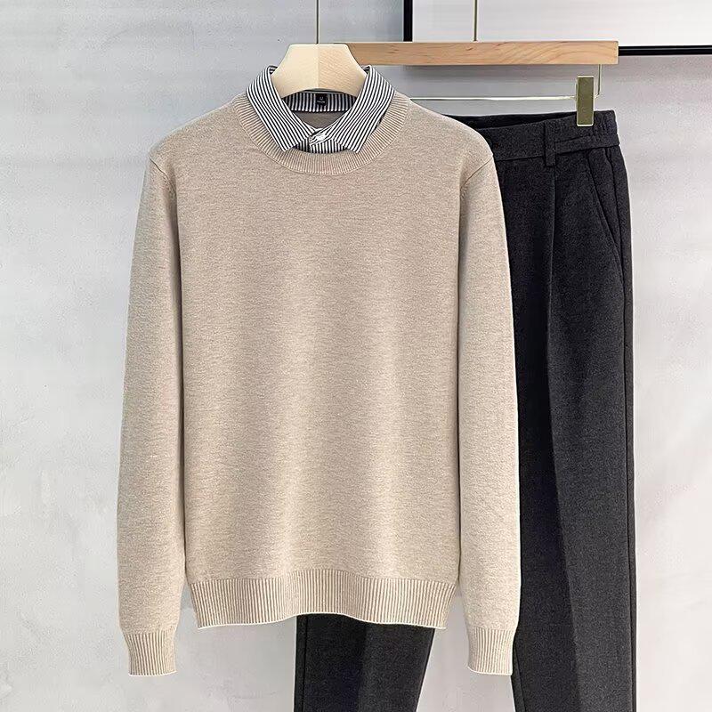 Men's High-End Faux Two-Piece Striped Sweater with Shirt Collar - Versatile Knit Base Layer for Autumn/Winter.