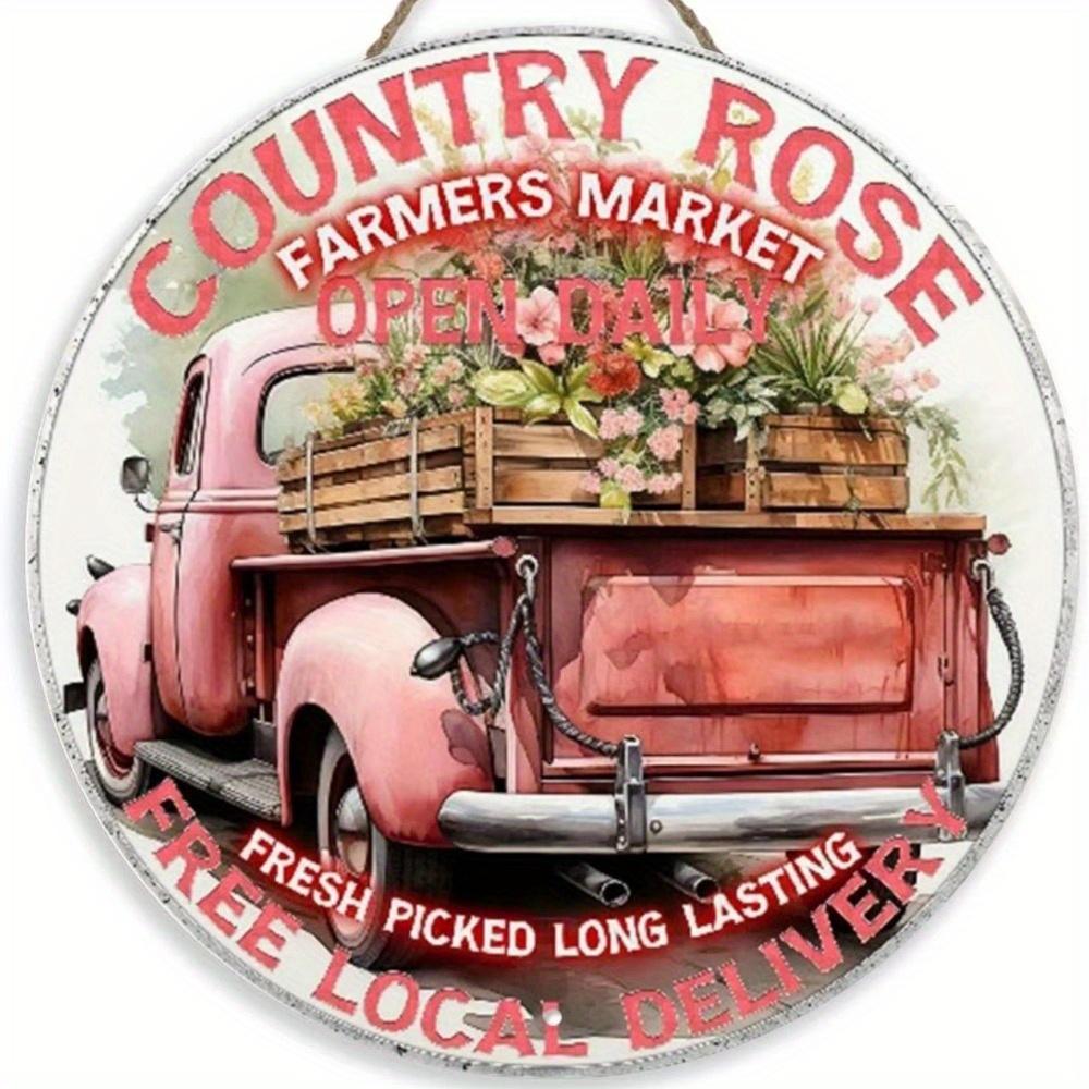 1pc 2d Flat Retro Round Wooden Sign Flower Market Flower Truck, Novel and Interesting Garage Bar Kitchen Home Family Friend Gift Wooden Sign- 20cm