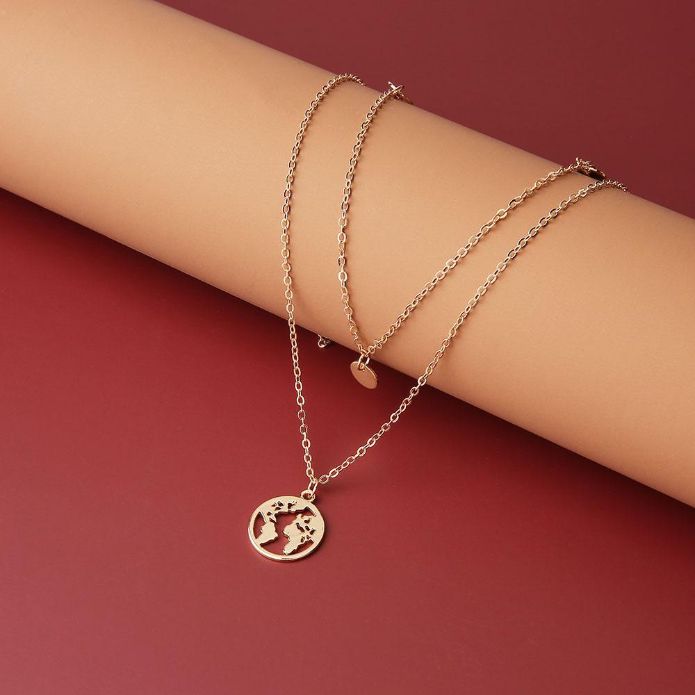 Popular Fashion Personalized Street Photography Trendy Disc World Map Pendant Double Necklace Set Jewelry