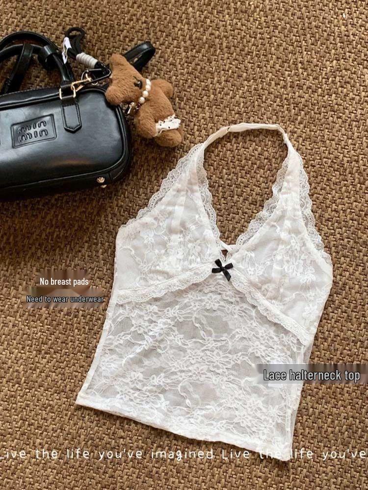 

Женская приталенная белая майка с кружевной отделкой и бантом One Size