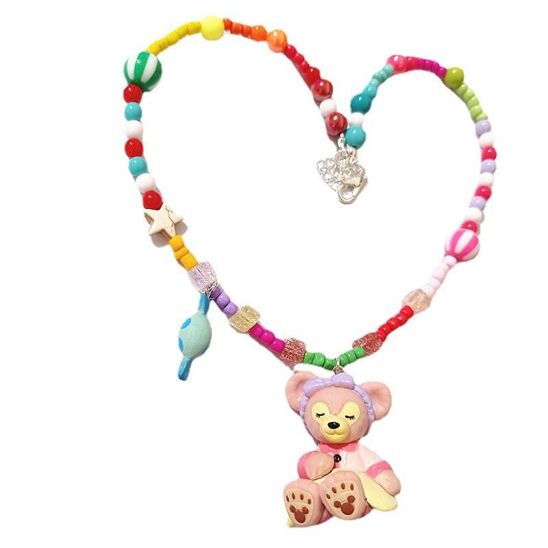 Colorful Cartoon Beaded Choker Necklace for Children Featuring Duffy Bear, ShellieMay, and StellaLou with Painter Hat.
