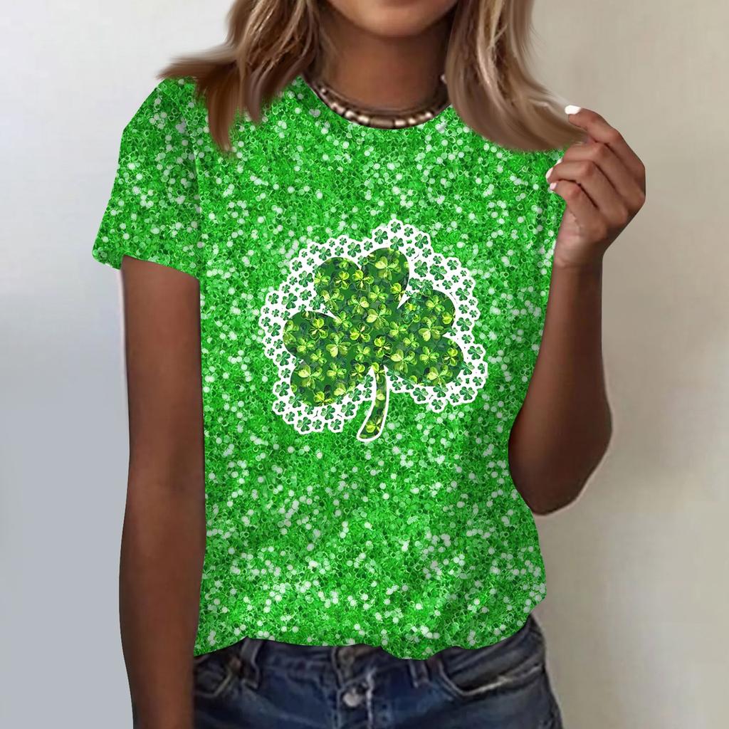 Women's  Casual Short Sleeve Shirts Fashion St Patrick's Print Tunic Tops With Pockets