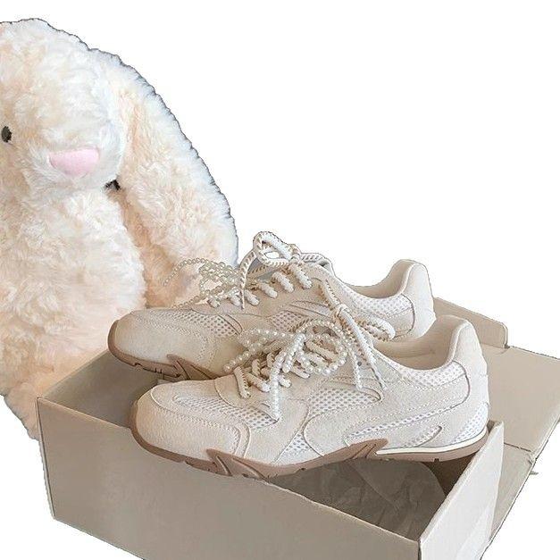 Cowhide Version of Grape Mother, the Same Girly Pearl Pair of Shoelaces, Casual Ballet Style Moral Training Shoes, Women's Sports and Leisure Shoes