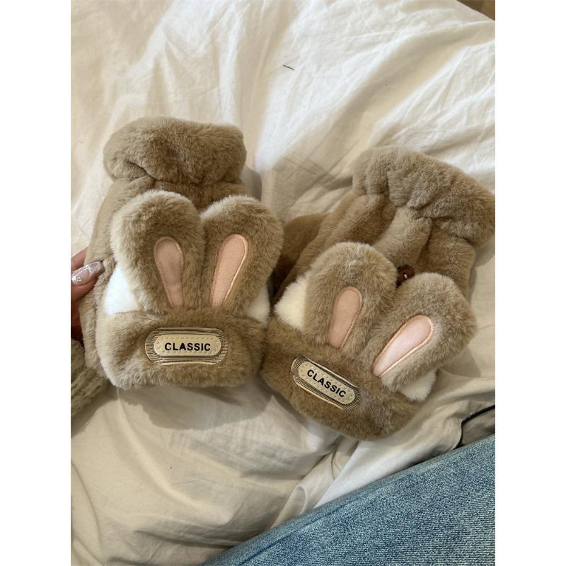 Gloves for Women In Winter Cute Student Warm Cute Rabbit Flap Cover with Fingers and Write Plush Half Fingers Plus Velvet Riding Bike Anti Freeze