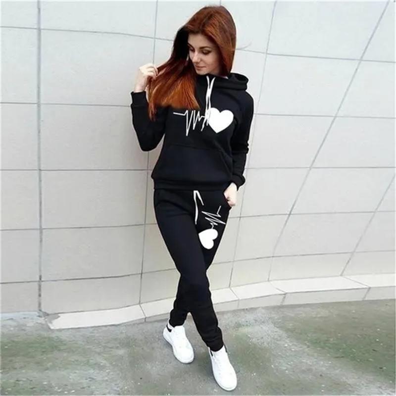 

Hot Women s Hooded Pants Love Printed Sportswear Autumn and Winter Two Piece Sweatshirt Sweatpants with Pockets Sweatshirt Set M