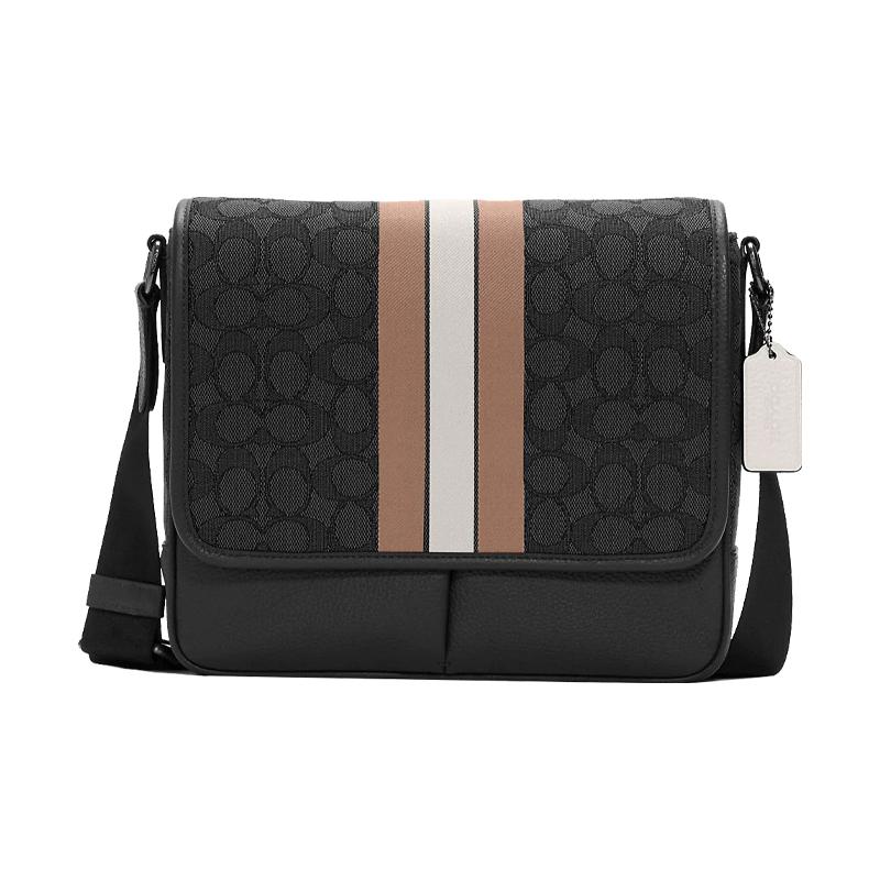 

COACH Thompson 25 Magnetic Flap Stripe Pebbled Leather Shoulder Crossbody Bag Small Men s Brown White and Black чорний
