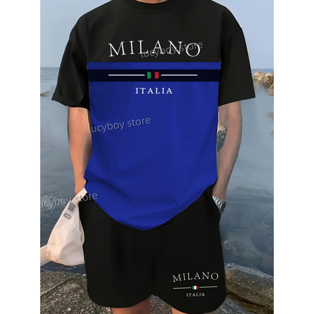 MILANO ITALIA Printed Sport T-shirt+shorts Suit Set Men Male Luxury Tracksuit Outfit Runing Tracksuit 2 Piece Set Clothes