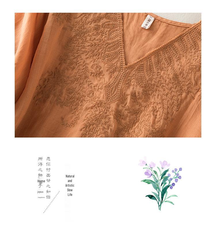 Damen Sommer Ramie V-Ausschnitt Besticktes Oberteil - Lockerer Schnitt, Uni-Farben