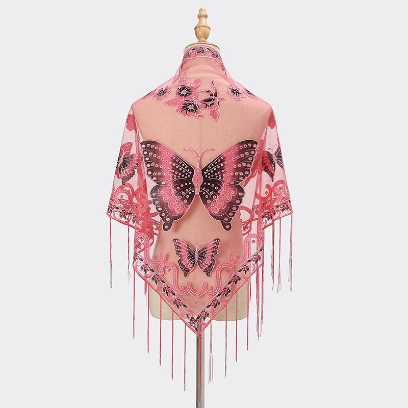 Luxury Flower Lace Hollow Scarf Butterfly Print Tassel Triangle Shawl Wraps Polyester Mesh Scarves Bridal