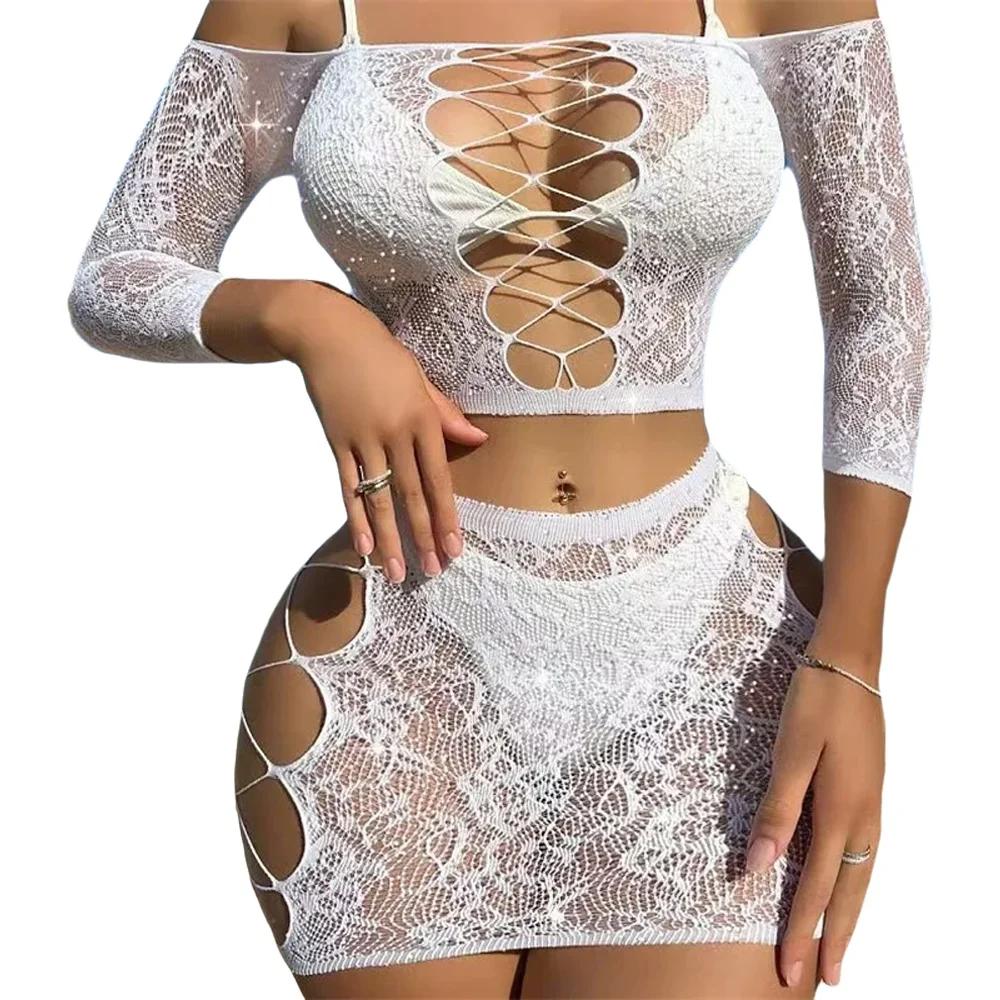 Hot Sexy Lingerie Diamond Fishnet Exotic Lingerie Mini Dress Set Women Rhinestone Open Crotch Mesh Body Tights