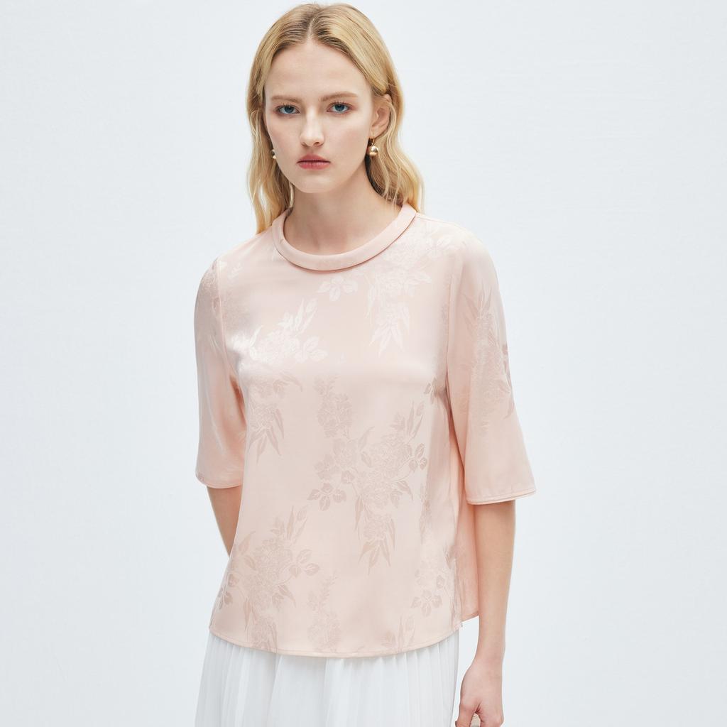 19mm stretch jacquard] Spring and summer round neck sweet temperament, anti-aging mulberry silk shirt for women