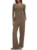 European & American Women's Solid Color Long-Sleeve Two-Piece Button Round Neck Pants Set