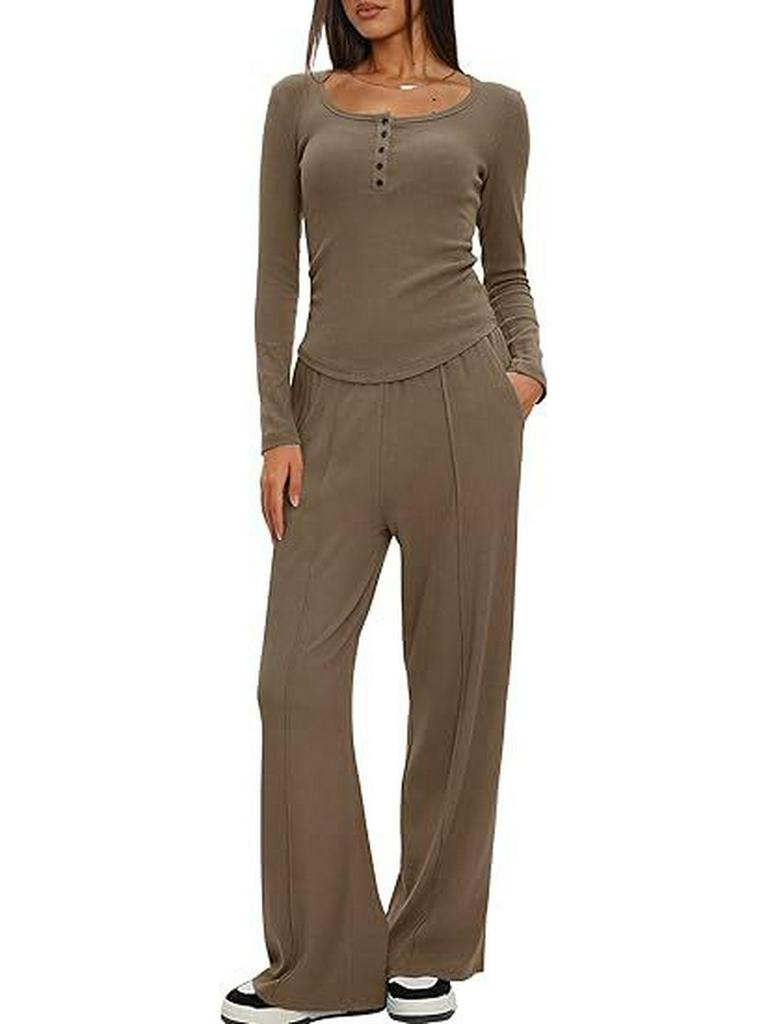 European & American Women's Solid Color Long-Sleeve Two-Piece Button Round Neck Pants Set