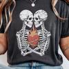 Cozy Goth Skeletons Holding Sacred Heart T-Shirt Distressed Vintage Tattoo Art Romantic Skull Tee Dark Academia Valentine Gift