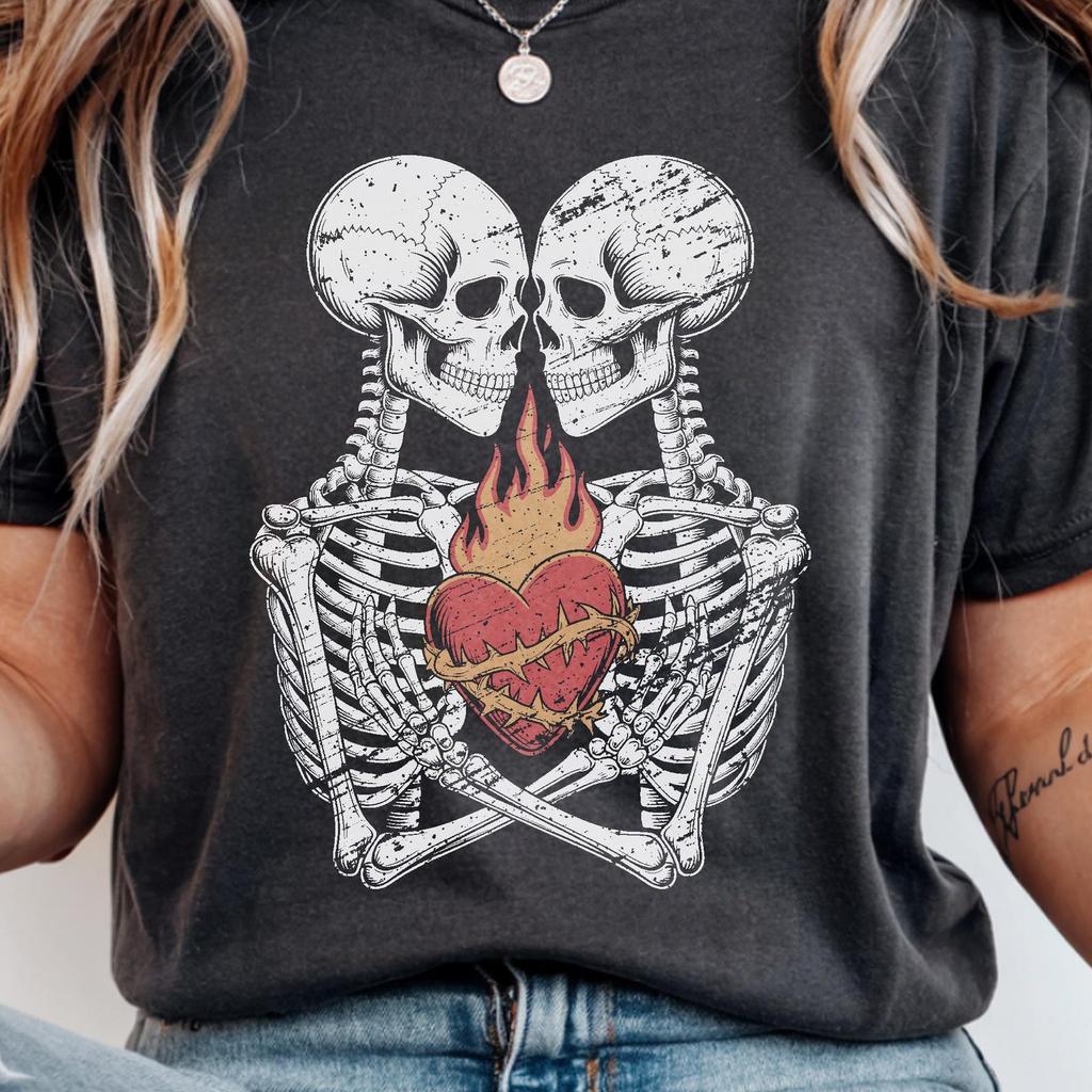 Cozy Goth Skeletons Holding Sacred Heart T-Shirt Distressed Vintage Tattoo Art Romantic Skull Tee Dark Academia Valentine Gift