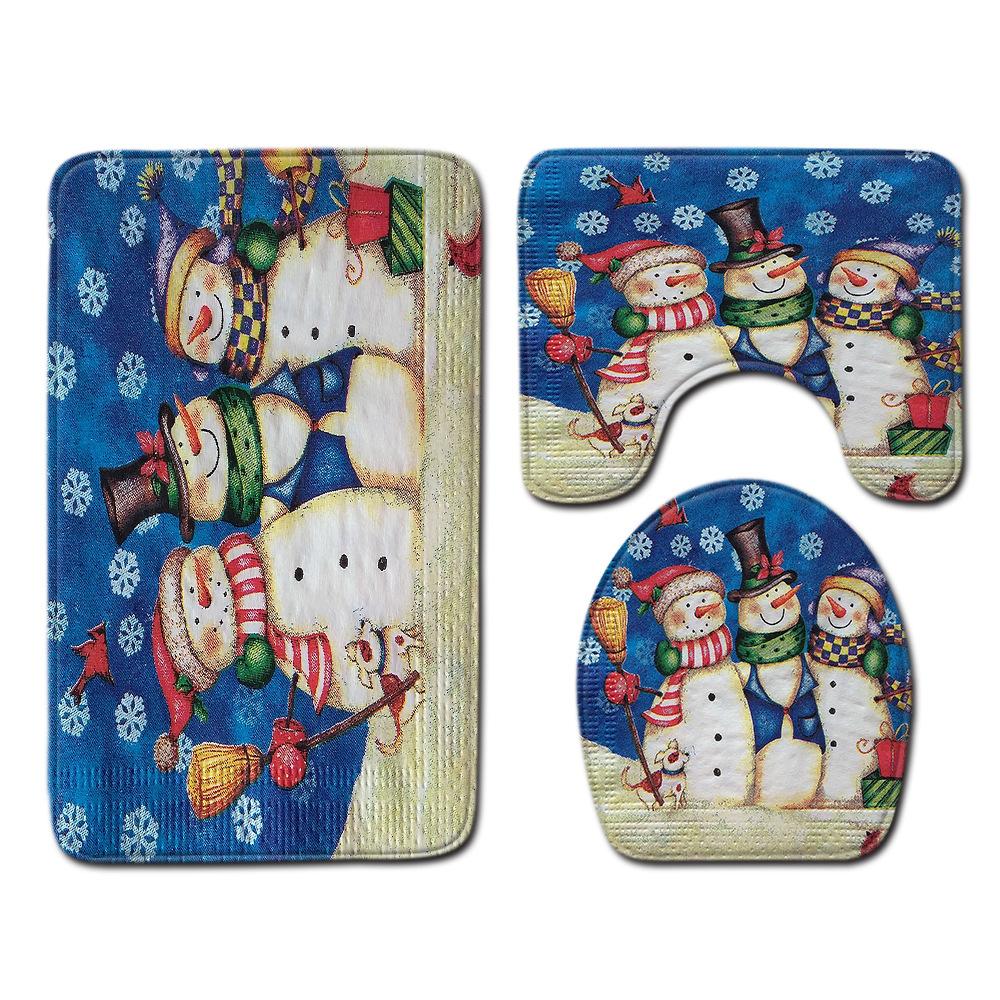 Christmas Waterproof Shower Curtain Floor Mat Four-Piece Set, Bathroom Water-Absorbing Non-Slip Door Mat, Shower Room Water-Absorbing Carpet