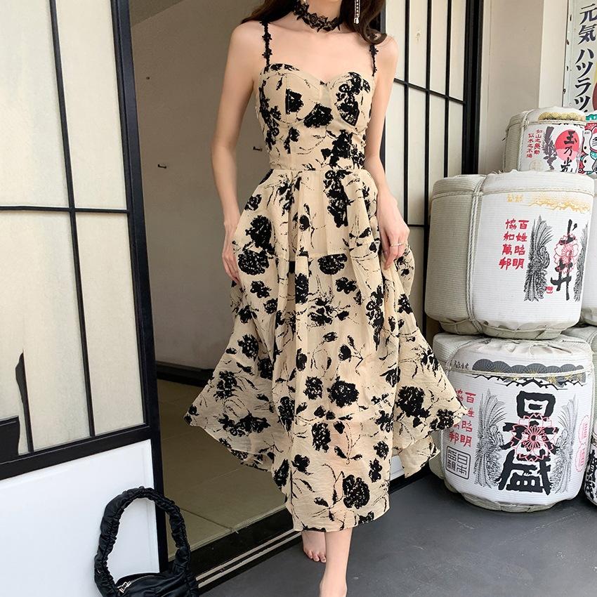 Real Summer Clothing New Hepburn Style Retro Niche Backless Printing Dress Female Sexy Suspender Skirt Trendy