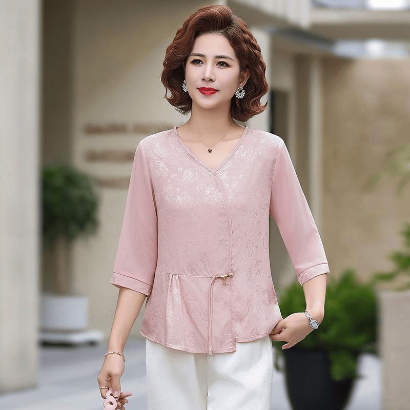 Elegant Chinese Style Embroidered Summer Blouse & Top Set for Moms