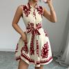 Women's Fashion Lapel Button Print Waist Tie Sleeveless Dresses