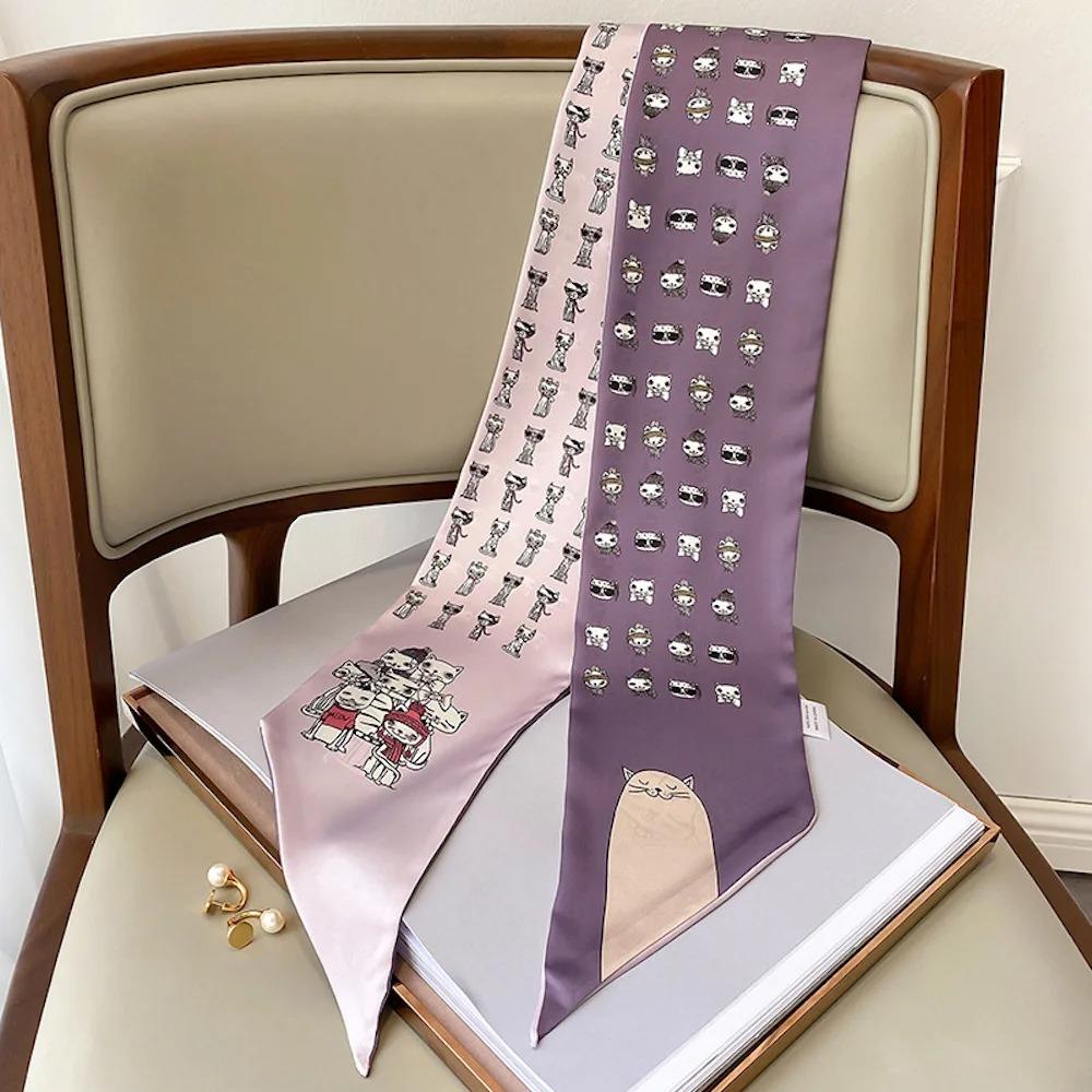 Luksuriøst langt silkeskjerf for kvinner, dyre- og hesteprint, tynt smalt skjerf, veskebånd, hårbånd, sløyfe, skjerf, damehalsklut