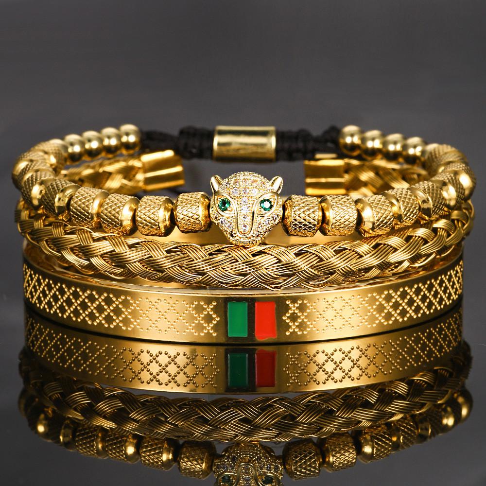 Hip Hop Leopard Head Zircon Copper Stainless Steel Bracelets Set For Men And Women