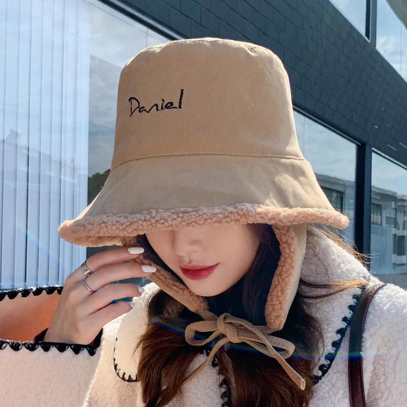 WTEMPO Women's Autumn Winter Lamb Wool Plush Cute Bomber Hats Removable Thickened Solid Color Ear Protection Bucket Hats