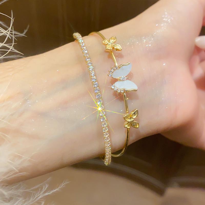 Exquisite Zircon Butterfly Double-Layer Open Bangle Bracelet