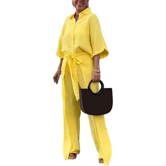 2 Pcs/Set Women Shirt Pants Set Solid Color Turn-down Collar Three Quarter Sleeve Top Wide Leg Lace-up Waist