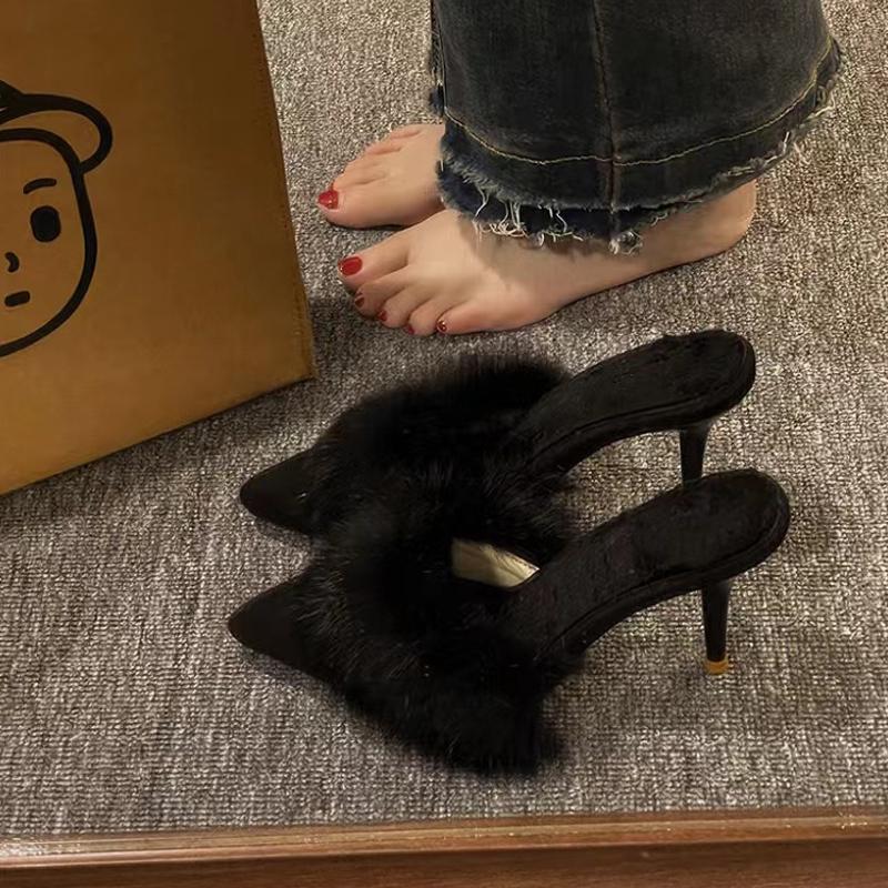 High Heel Fur Mule Slides Woman Elegant Pointed Toe Furry Slippers Ladies Luxury Plush Evening Party Pump Shoes