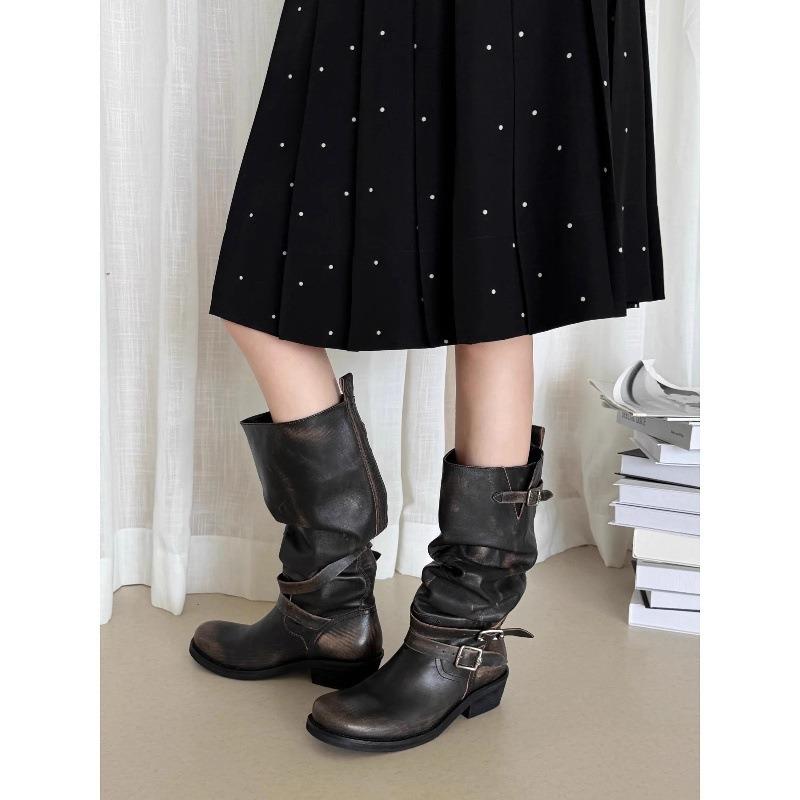 Cowhide version~ retro old polished boots long boots thick-soled belt buckle pleated stacked boots niche knight boots