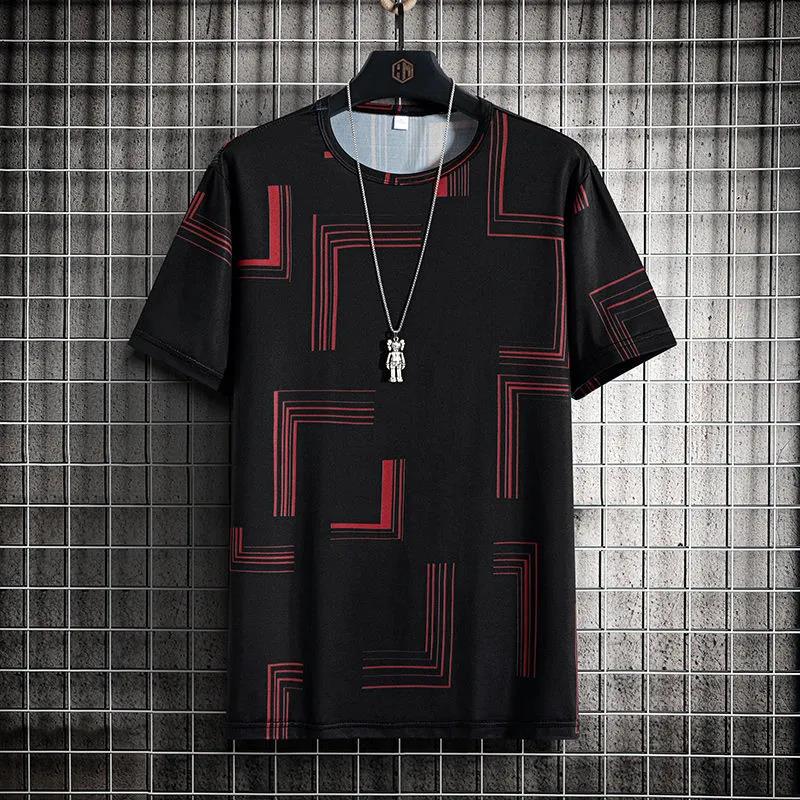 Men Ice Silk T-shirts Summer O-neck Short Sleeves Casual Shirts Oversized Geometric Graphic Print Tees Soft Breathable Cool Tops