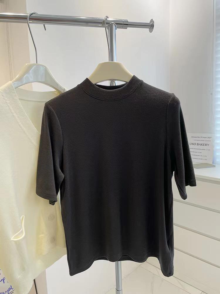 Women's Short-Sleeve, Half-High Collar Brushed T-Shirt - Chic, Thickened Base Layer