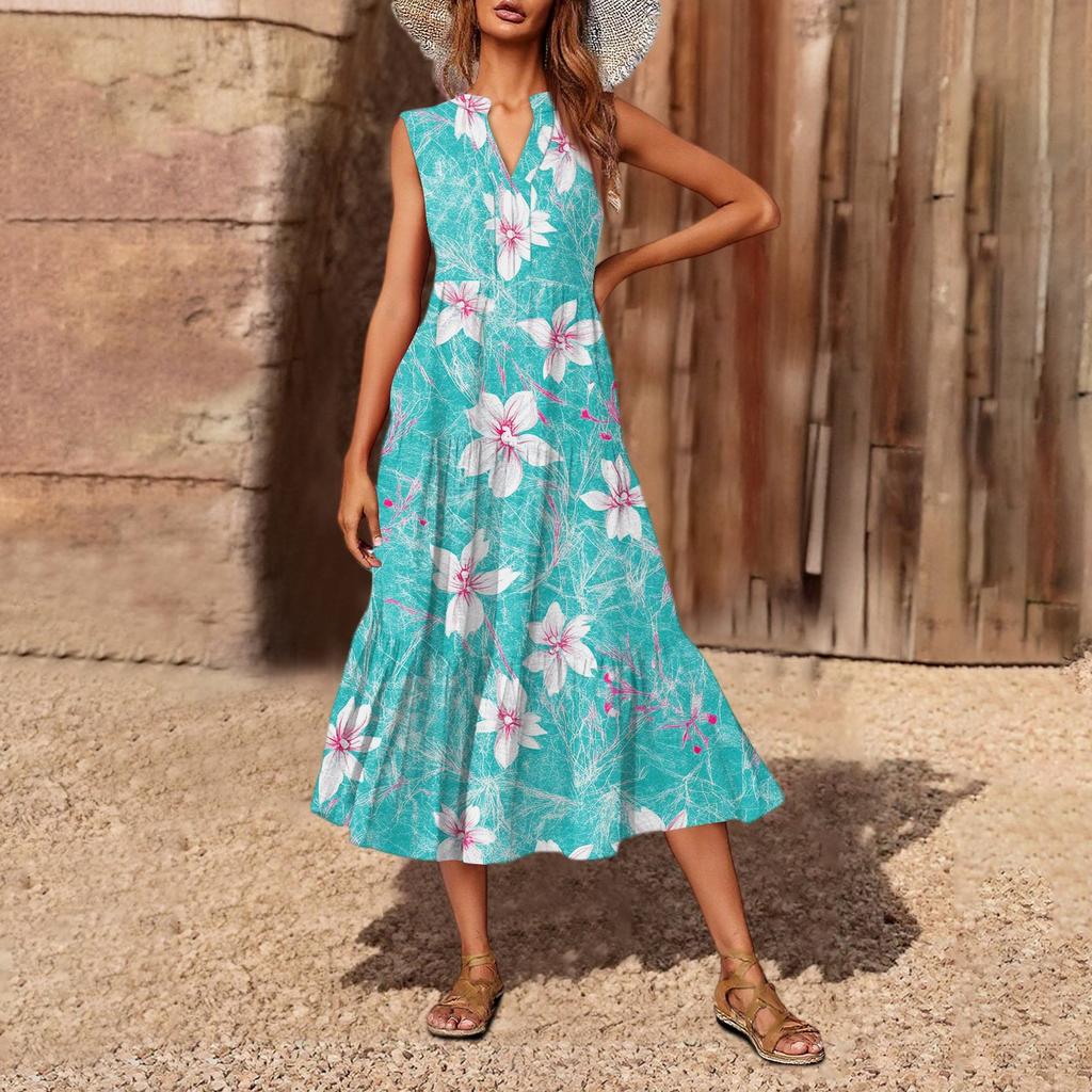 Women's Casual And Fashionable V-neck Sleeveless Printing Mid Length Dress