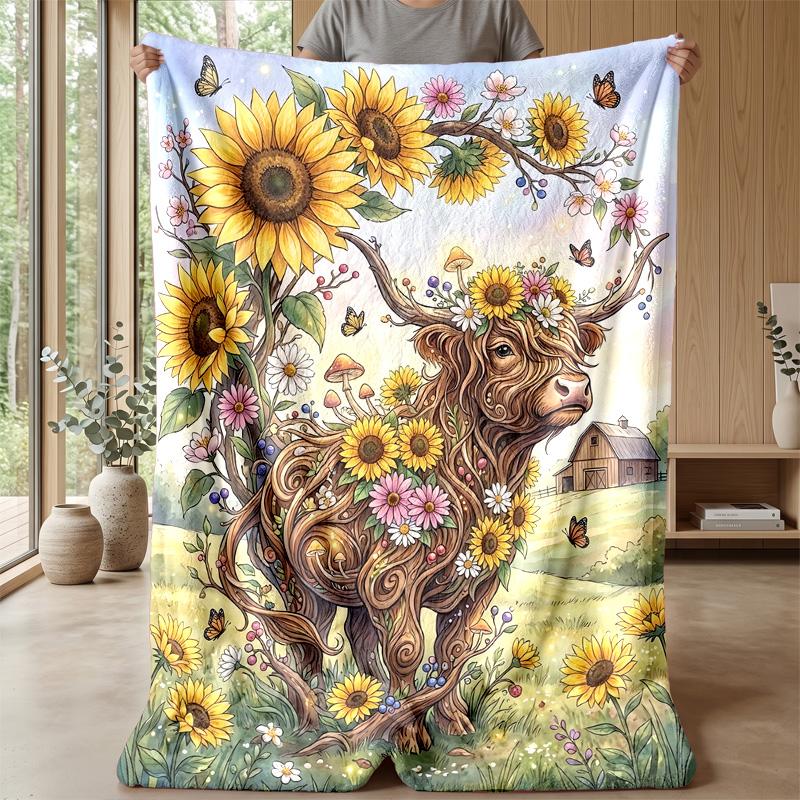 Floral Bull with Sunflowers Theme Blanket Lightweight Warm Flannel Blanket Decorative Throw Blanket for Home Decoration