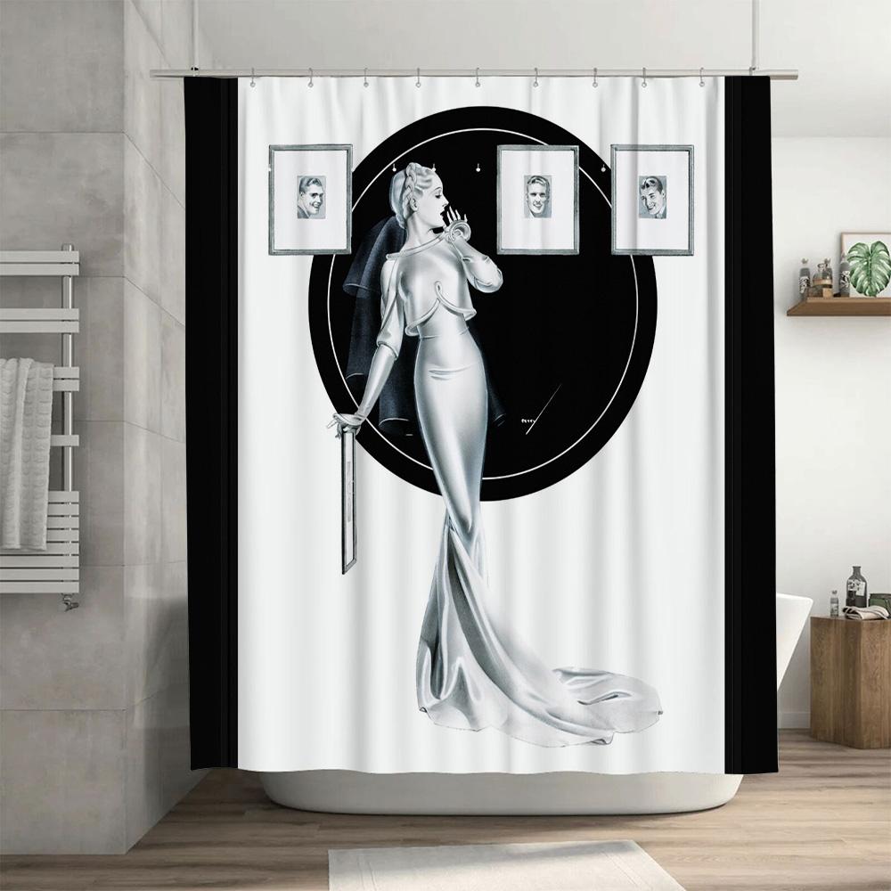 Luxurious Black White Art Deco Style Bathroom Shower Curtain with Elegant Woman Design for Home Decoration (Size: 180x240cm) Add