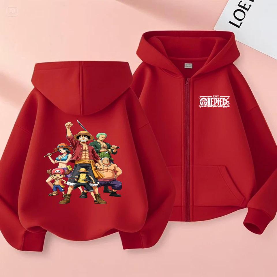 Unisex Kids One Piece Monkey D. Luffy Zipper Hoodie - Straw Hat Pirates Anime Cardigan