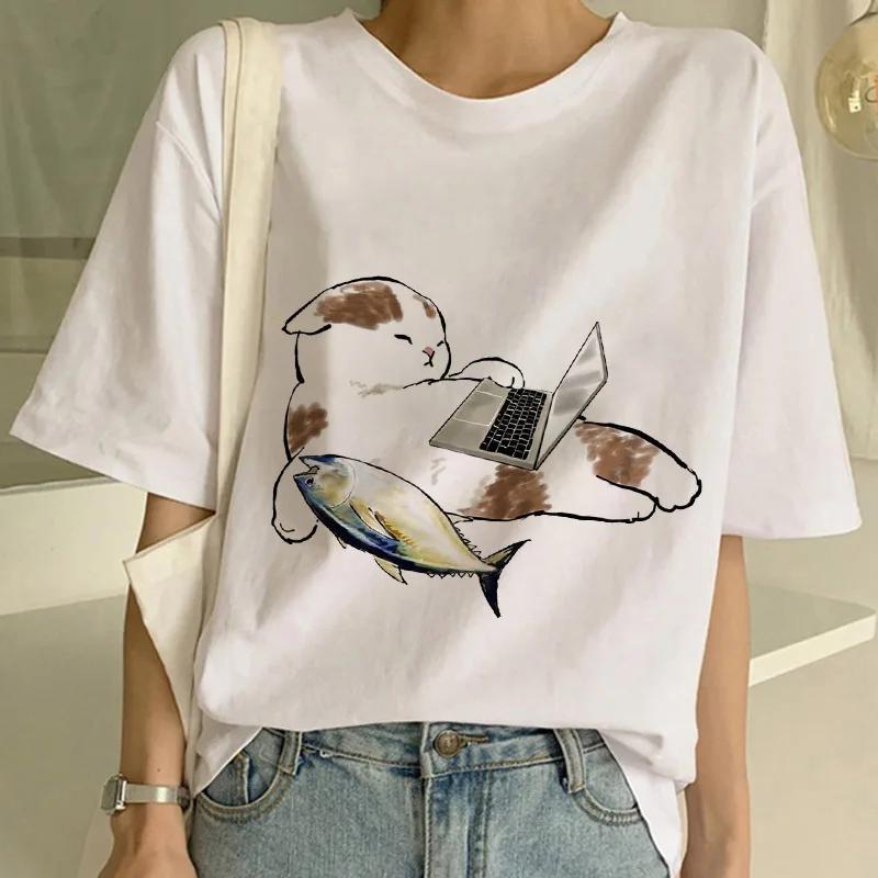 Summer New Cute Cat Funny Cartoon T-shirt Harajuku Graphic Ulzzang Tshirt 90s Print T Shirt  Fashion Aesthetic Ladies Tee shirt