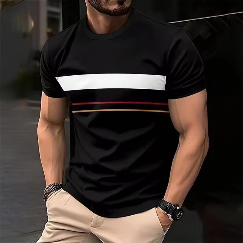 Letni Klasyczny Męski T-shirt 3D Outdoorowy z Okrągłym Dekoltem i Krótkim Rękawem, Top z Nadrukiem w Paski, Uliczny Luźny T-shirt Męski Oversize