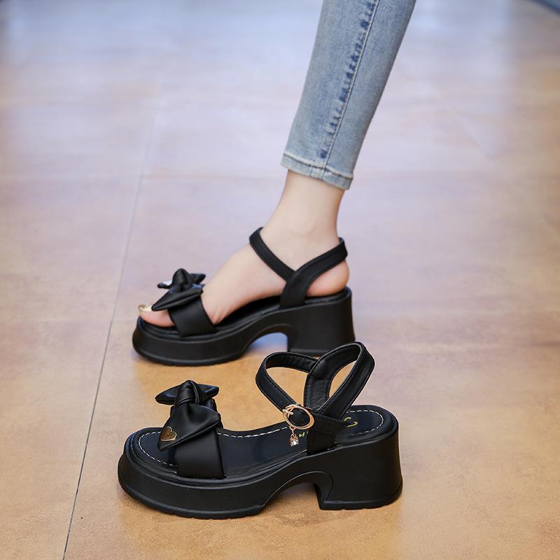 

Корейские туфли на высоком каблуке женские летние новая мода универсальный бант удобные сандалии с толстым каблуком женские 40 чёрный