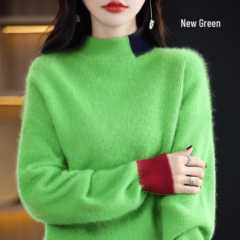 2024 Autumn/Winter Women's Color Block Mink Velvet Half-High Collar Sweater - Short, Loose, Thickened Wool Knit Base Layer.