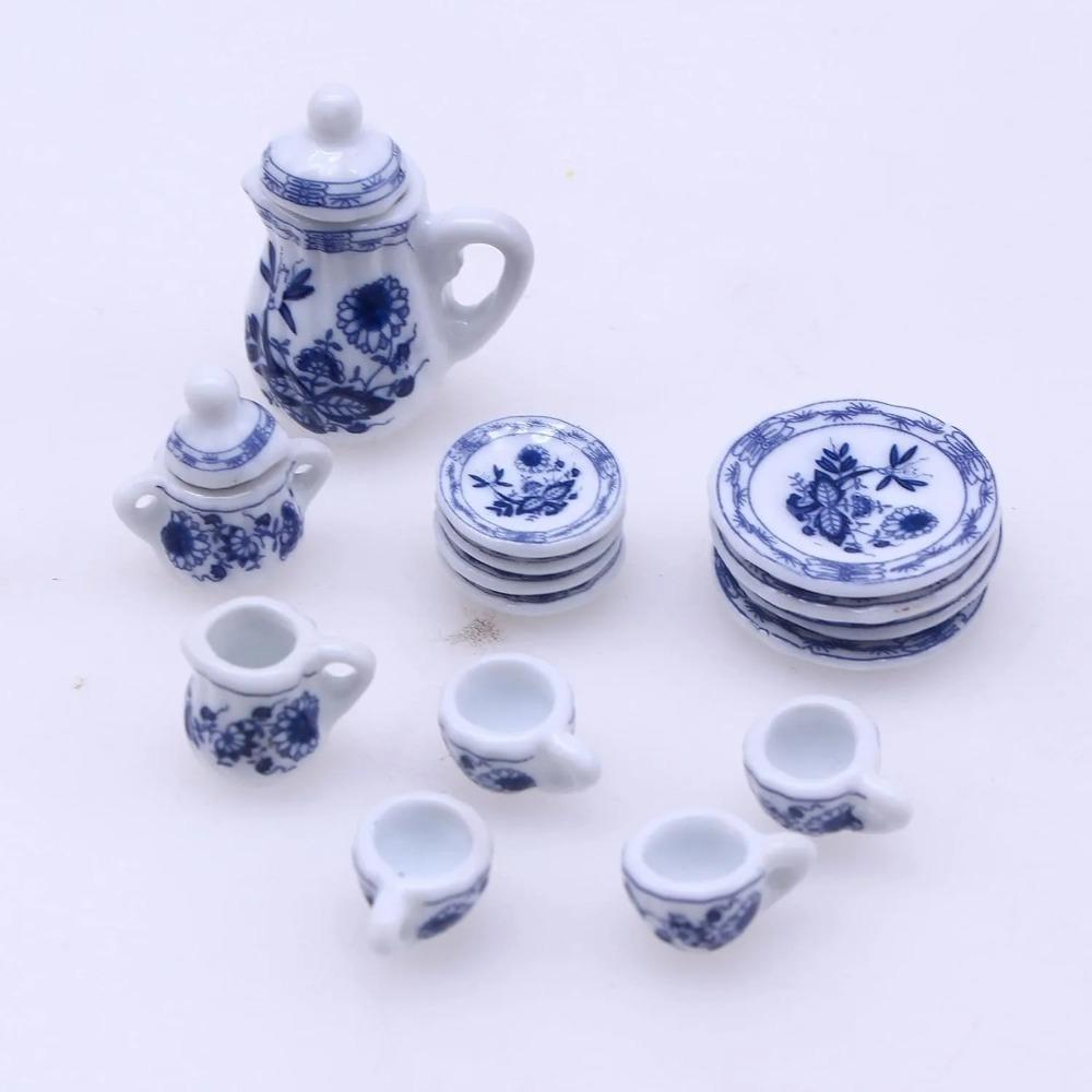 Ceramic Mini Tea Set Dollhouse Porcelain Tea Cup Playset Dollhouse Play Toy For Kids Miniature Food Dishes Cups  Plates Gift