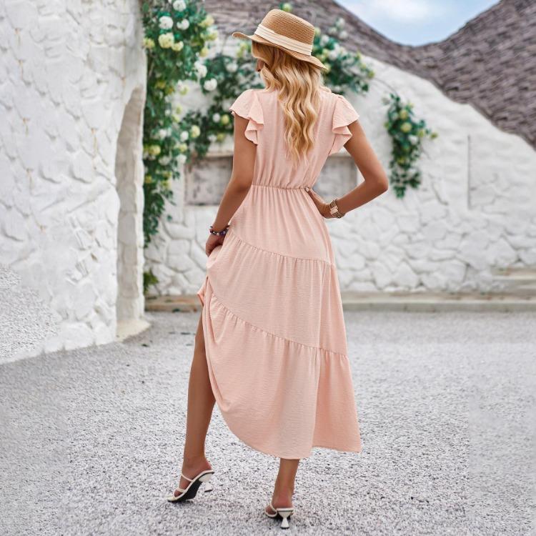 Vestido Feminino de Verão Casual Decote V Slim Cor Sólida Linha A Cintura Alta Camadas Vestidos Longos Primavera Manga Curta Folha de Lótus S-XL