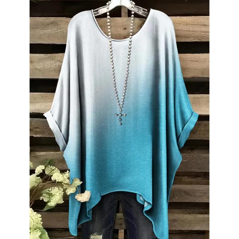 Vintage Women's T-Shirt Color Gradient Print Elegant Asymmetrical Hem O-Neck Short Sleeve Top Casual Fashion Street Outdoor Tops