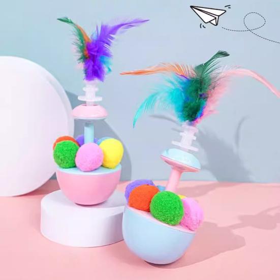 Wobbling Cat Toy Interactive Cat Teaser with Feathers Plush Balls Cat Enrichment Toy for Indoor Kittens Stimulates Hunting Instinct