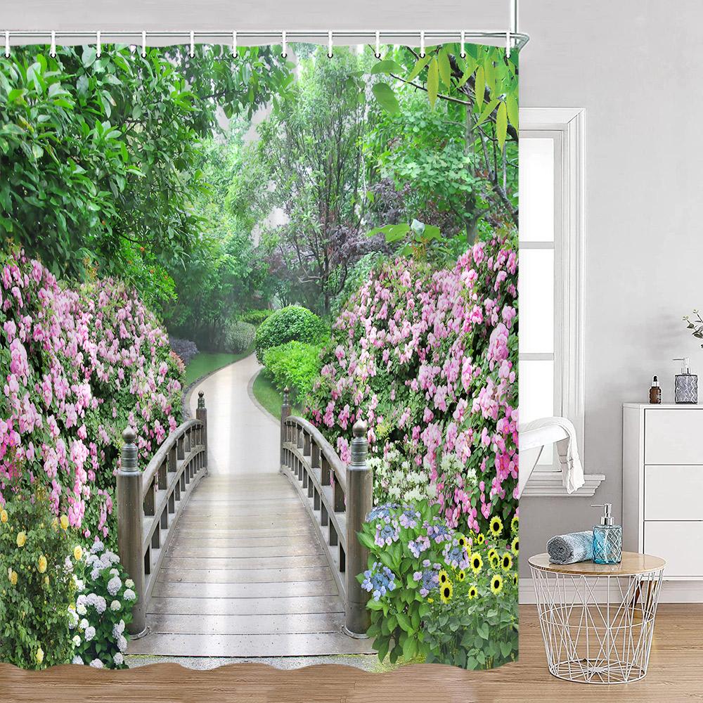 Garden Nature Shower Curtain Nautural Landscape Scenery Bath Curtain Green Leaf Flower Plannt Polyester Bathroom Decor With Hook