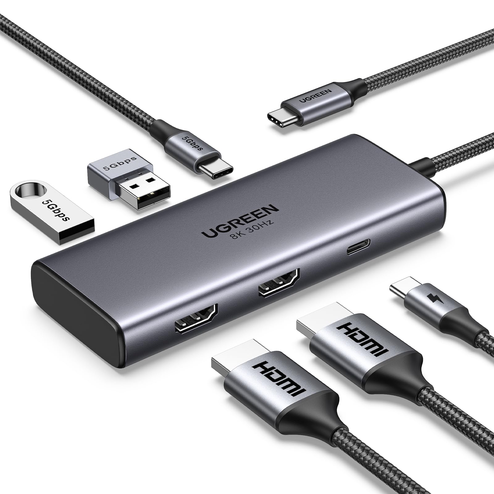 

UGREEN Revodok 206 USB C Hub with Dual HDMI Docking Support with Single 100W PD Fast 5Gbps Data Compatible with MacBook and iPad C port does not чорний