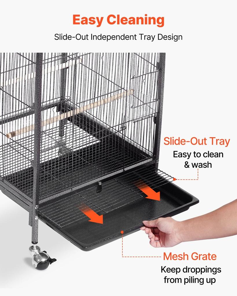 Bird Cage, 460 x 460 x 770 mm, Open Flat Top, Wrought Iron Bird Flight Cage with Perches, Slide-Out Tray and Plastic Feeders, Casters, for Parrot,