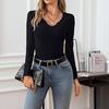 Mote dame V-hals langermet slim ribbestrikket T-skjorte ensfarget topper