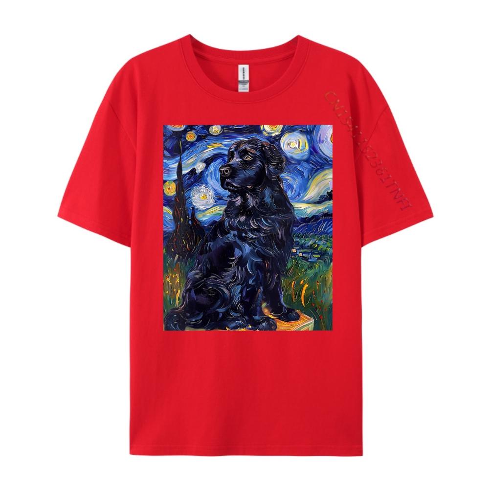 Newfoundland Dog Van Gogh Starry Night Art Printed T-Shirt Unisexs Harajuku Loose S