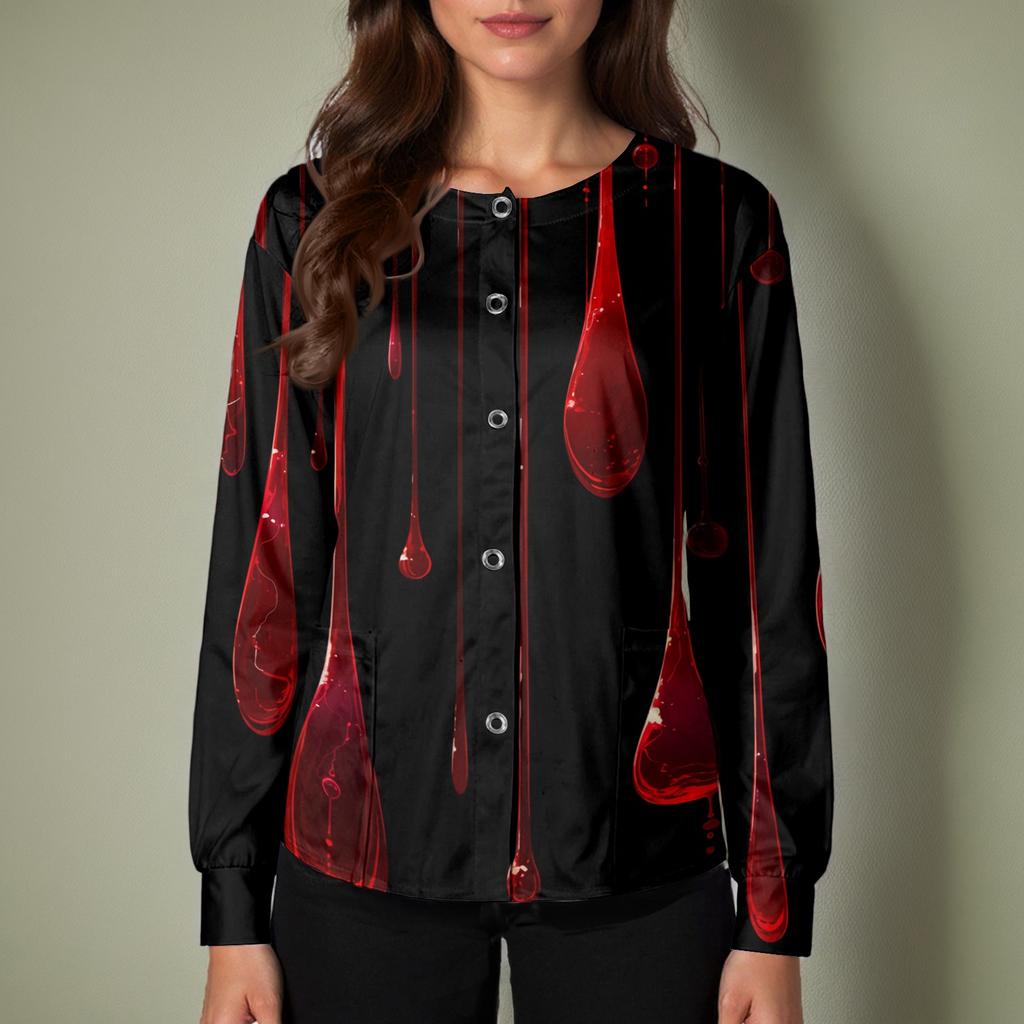 Women's Halloween Print Long Sleeve Cardigan Top with Single Button Front for Caregiver Uniform